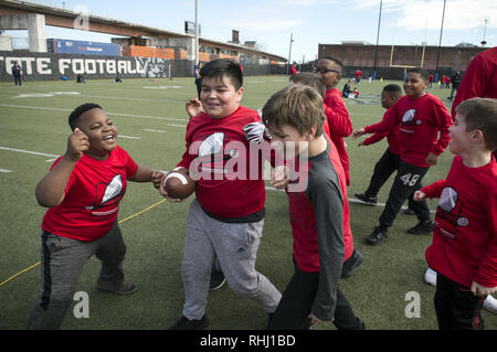 Atlanta, GA, USA. 2nd Feb, 2019. More than 100 Atlanta area children with Down syndrome and other developmental and physical disabilities celebrated Sunday's Super Bowl a day early with Super Fest, an inclusive football and cheerleading clinic. The event is held in the same city and same weekend as the Super Bowl and allow youth and young adults within the community to enjoy the excitement in a welcoming, sensory appropriate environment. Credit: ZUMA Press, Inc./Alamy Live News Stock Photo