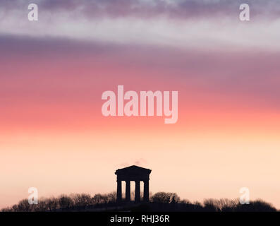 Penshaw UK. 3rd February, 2019. Red sky and sub zero temperatures just after dawn, Penshaw Monument, Sunderland, Tyne and Wear, England. (c) Washington Imaging/Alamy Live News Stock Photo
