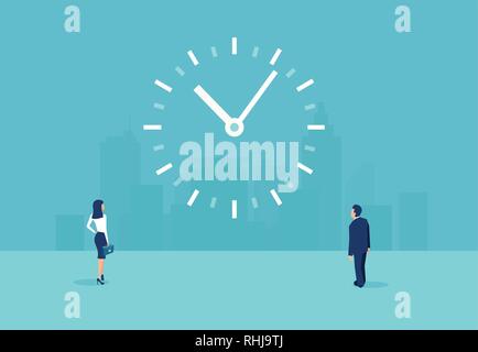 Time management and efficiency concept. Vector of a businessman and a businesswoman looking at a clock on the wall Stock Vector