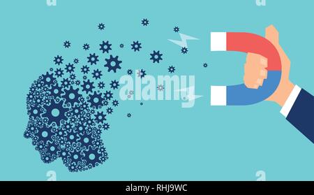 Artifial intelligence technology patent fraud concept. Vector of a human head made of gears and cogs being attracted with magnet by corporate business Stock Vector