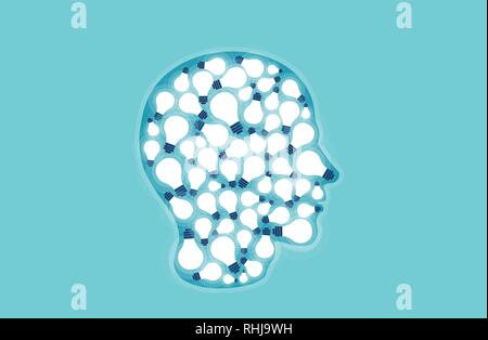 Creative mind concept. Vector of a human head silhouette with bright light bulbs inside Stock Vector