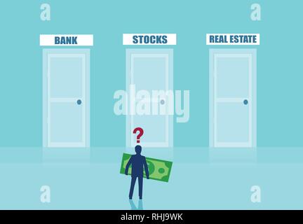 Vector of a businessman with dollar banknote thinking in what to invest standing in front of multiple doors Stock Vector
