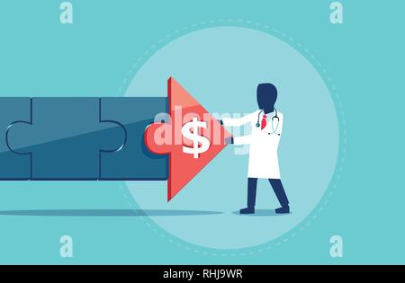 Vector of a doctor health care provider adding piece of puzzle to healthcare cost on blue background Stock Vector