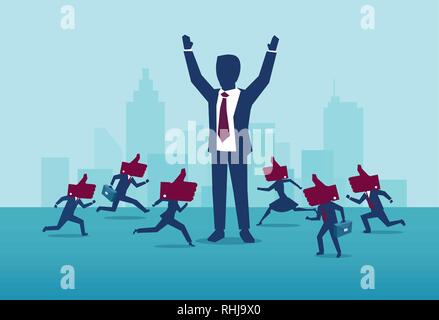 Influencer marketing and leadership concept. Vector of a powerful, successful buisnessman being liked by busy crowd of people Stock Vector