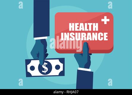 Health insurance cost concept. Vector of money exchange for healthcare services. One hand giving dollar banknote bill in return for medical provider p Stock Vector