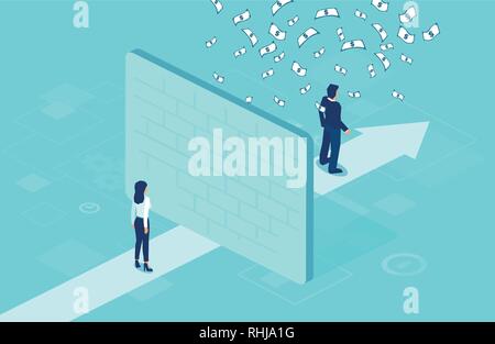 Employee pay difference and gender gap concept. Vector of a businesswoman separated by wall from businessman under money rain