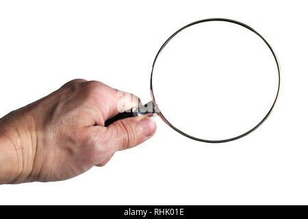 Hand holding a magnifying glass over the words Read the Fine Print on white background. Stock Photo