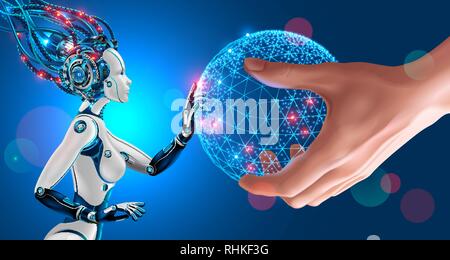 Artificial Intelligence takes control of the infrastructure of entire planet. Man stretches the globe in the palm of his hand to a humanoid robot with Stock Vector