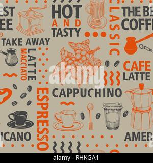Typographic vector coffee seamless pattern on craft background. Types of coffee and hand drawn illustrations for cafe and packaging. Retro style. Stock Vector
