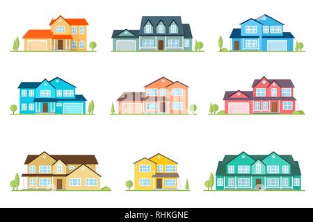 Set of vector flat icon suburban american house. For web design and application interface, also useful for infographics. Family house icon isolated on white background. Home facade with color roof Stock Vector