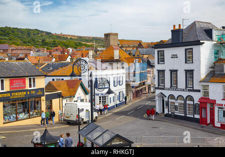 LYME REGIS, ENGLAND - MAY 12, 2009: The Bridge street near the Gate Car park in small town of Lyme Regis. West Dorset. England Stock Photo