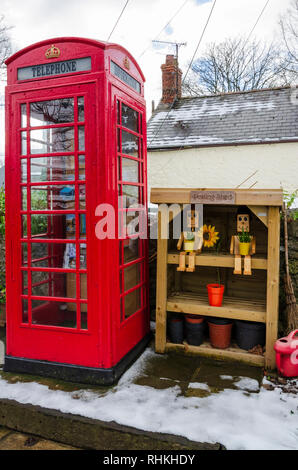 February 2, 2019 Tremeirchion, UK. A traditional British telephone box has been repurposed as a tourist and community information booth. Stock Photo