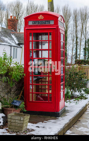 February 2, 2019 Tremeirchion, UK. A traditional British telephone box has been repurposed as a tourist and community information booth. Stock Photo