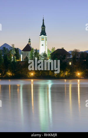 Church Of The Assumption on Blejski Otok, Lake Bled, Bled, Gorenjska, Slovenia.  At dawn Stock Photo