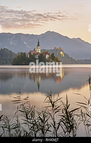 Church Of The Assumption on Blejski Otok with Bled Castle, Lake Bled, Bled, Gorenjska, Slovenia.  At sunrise Stock Photo