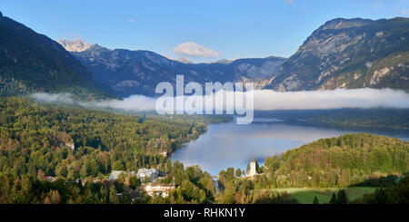 Panoramiv view over Ribcev Laz and Lake Bohinj to the Julian Alps, Bohinj, Gorenjska, Slovenia Stock Photo