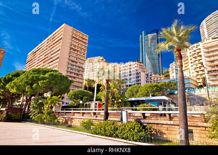 Les Plages Monaco skyline and green waterfront view, Principality of Monaco Stock Photo
