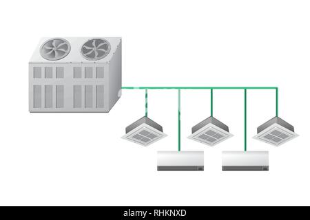 Chiller with Ceiling Cassette and wall indoor units. Air cooling. Vector illustration Stock Vector