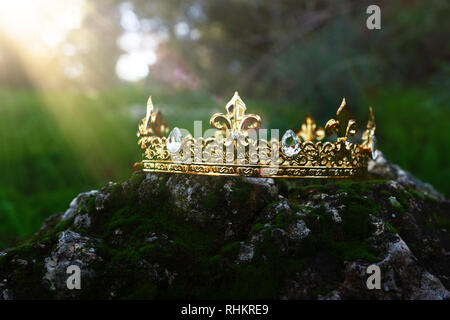 mysterious and magical photo of gold king crown over the stone covered with moss in the England woods or field landscape with light flare. Medieval pe Stock Photo