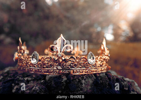 mysterious and magical photo of gold king crown over the stone covered with moss in the England woods or field landscape with light flare. Medieval pe Stock Photo