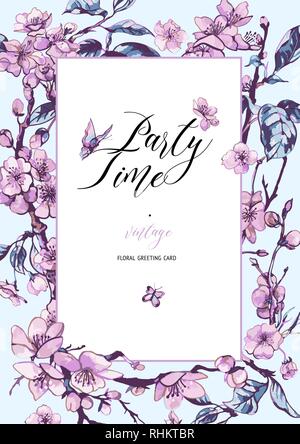 Vector spring natural vertical frame, greeting card, vintage flo Stock Vector