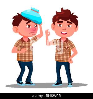 Sick Sad Boy Putting An Ice Pack On His Head Vector. Before, After. Isolated Illustration Stock Vector