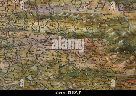 Map of Bohemia and Germany dated from 1564-1586 on display in the Hall of Geographical Maps (Sala delle Carte Geografiche) in the Palazzo Vecchio in Florence, Tuscany, Italy. Stock Photo