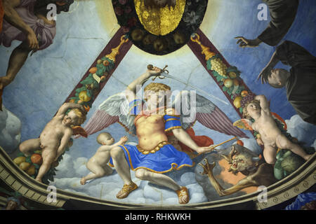 Saint Michael the Archangel defeats the Devil depicted in the ceiling painting by Italian Mannerist painter Agnolo Bronzino (1541) in the Cappella di Eleonora (Chapel of Eleanor) in the Apartments of Eleanor of Toledo (Quartiere di Eleonora) in the Palazzo Vecchio in Florence, Tuscany, Italy. Stock Photo
