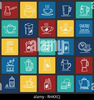 Tea and coffee outline icons set on color squares background for graphic and web design, Modern simple vector sign. Internet concept. Trendy symbol fo Stock Vector