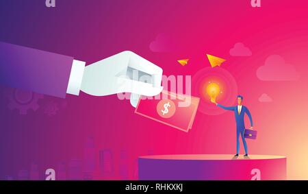 Businessman with light bulb and other hand giving money. Crowdfunding, innovation, idea, investments concept. Flat style icons. vector illustration Stock Vector