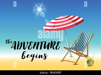The adventure begins typography inscription with parasol, chaise launge and coconut coctail on beach background. Realistic sun flare. Stock Vector