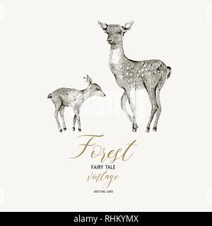 Vector black and white winter vintage card with cute deer Stock Vector