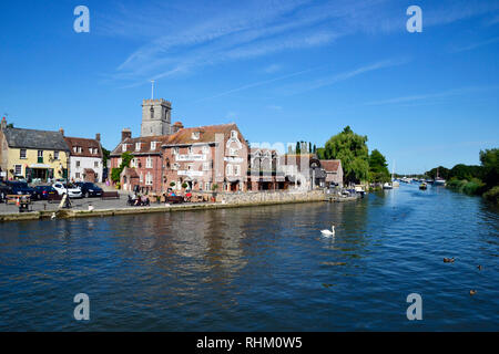 The Quay, Wareham in Dorset, UK. The River Frome. The Old Granary, cafe and bar dominates the village scene. Stock Photo