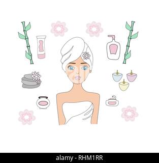 Beautiful woman spa treatment. Beauty procedures and wellness icons set Stock Vector
