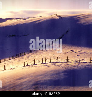 Hillside with snow in winter and fence line , winter landscape snow scene, Auvergne, France Stock Photo