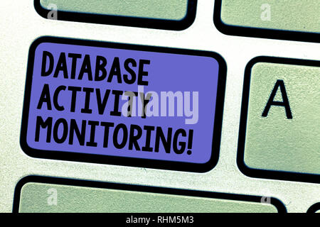 Writing note showing Database Activity Monitoring. Business photo showcasing the observation of actions in a database Keyboard key Intention to create Stock Photo