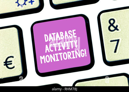 Handwriting text writing Database Activity Monitoring. Concept meaning the observation of actions in a database Keyboard key Intention to create compu Stock Photo