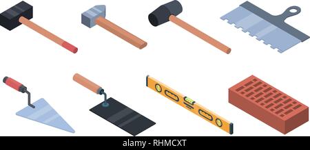 Masonry worker icons set, isometric style Stock Vector