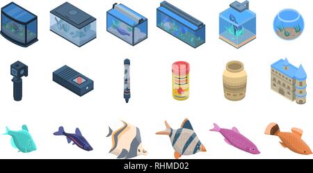 Aquarium icons set, isometric style Stock Vector