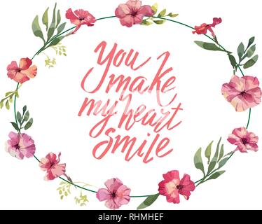 You make my heart smile, hand written lettering. Romantic love calligraphy card inscription Valentine day Stock Vector