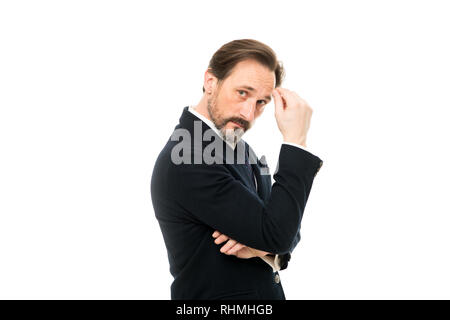 Man handsome confident mature fashion model wear fashionable suit on white background. Ways to accessorize your suit. Bespoke suit flatters every wearer. Suit imbue sense of confidence of gentlemen. Stock Photo