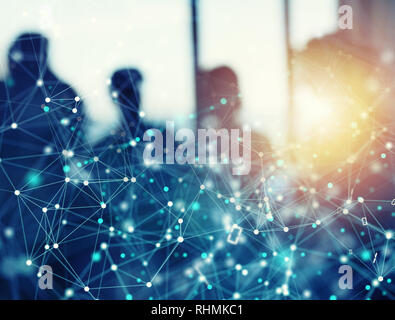 Abstract internet connection network background with silhouette of business team Stock Photo