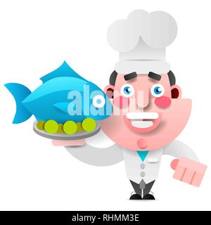 Chef With Fish On A Tray. Vector Illustration On White Background For Your Design. Stock Vector