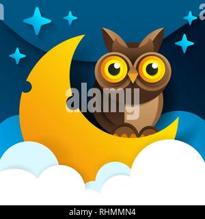 Cute cartoon pink owl sits on the slumbering crescent moon in the night sky with stars Stock Vector