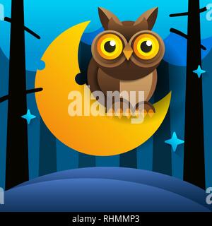Cute Cartoon Pink Owl Sits On The Slumbering Crescent Moon In The Night Sky With Stars Stock Vector