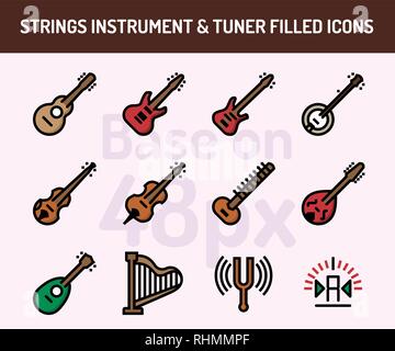 String instrument icon set. Outline filled icons base on 48 pixel with pixel perfect. vector illustration Stock Vector
