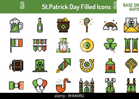 St.Patricks Day icon set. Outline filled icon base on 64 pixel with pixel perfect design. Vector illustration Stock Vector
