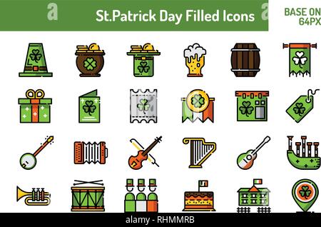 St.Patricks Day icon set. Outline icon base on 64 pixel with pixel perfect design. Vector illustration Stock Vector