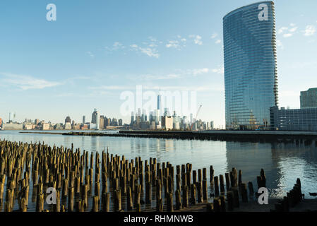 Jersey City, NJ - December 29 2018: view of lower manhattan from newport green. Luxury condominium built on jersey city provides commuting access to m Stock Photo