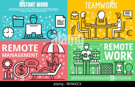 Distant work banner set, outline style Stock Vector